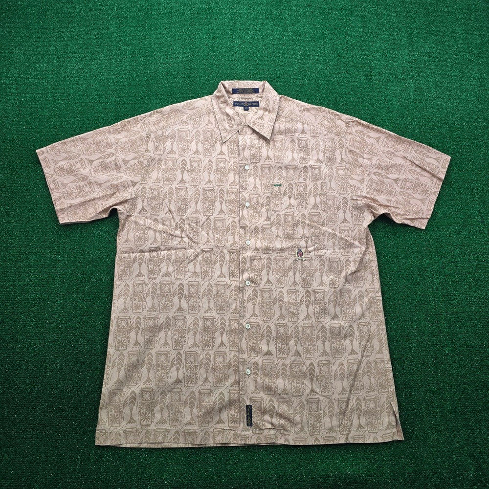 Tommy Hilfiger Shirt Mens Medium/Large Tan Beige Tiki Tribal‎ Print Vintage 90s